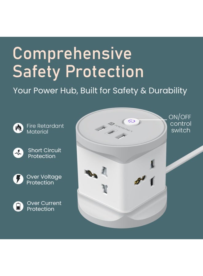 بورترونيكس Portronics Power Plate 9 Pro, 2500W 7-in-1 Desktop Charging Station with 4X Universal Sockets, 12W USB-A & Type-C Ports, Space-Saving Power Extender, 2M Cord, Power Switch, Child Proof Shutters - Image 3